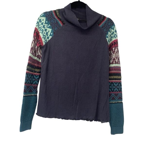 Free People Gray Fair Isle Prism Waffle Knit Long Sleeve Pullover Sweater Small - Picture 1 of 5
